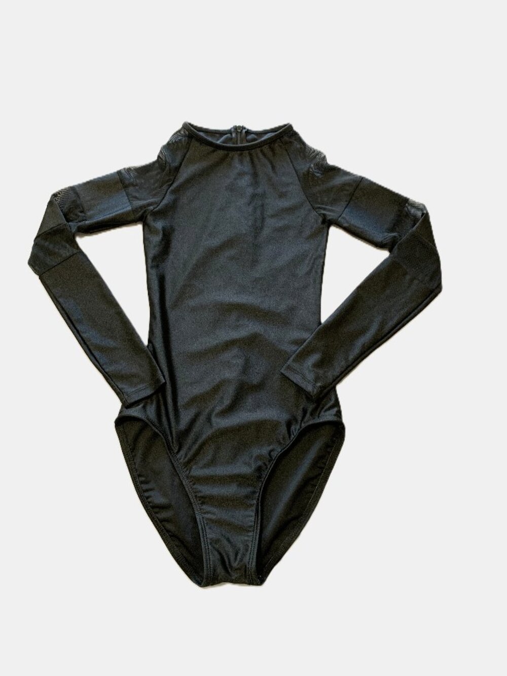 Girls Black Long-Sleeve Dance Leotard Back Zipper Semi-Sheer Sleeves Size S